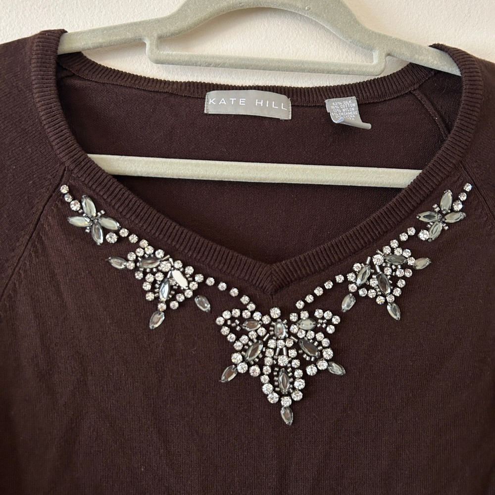Kate Hill Vintage Brown Silk Cashmere Blend Embellished V-Neck Sweater XL‎ - Picture 2 of 7